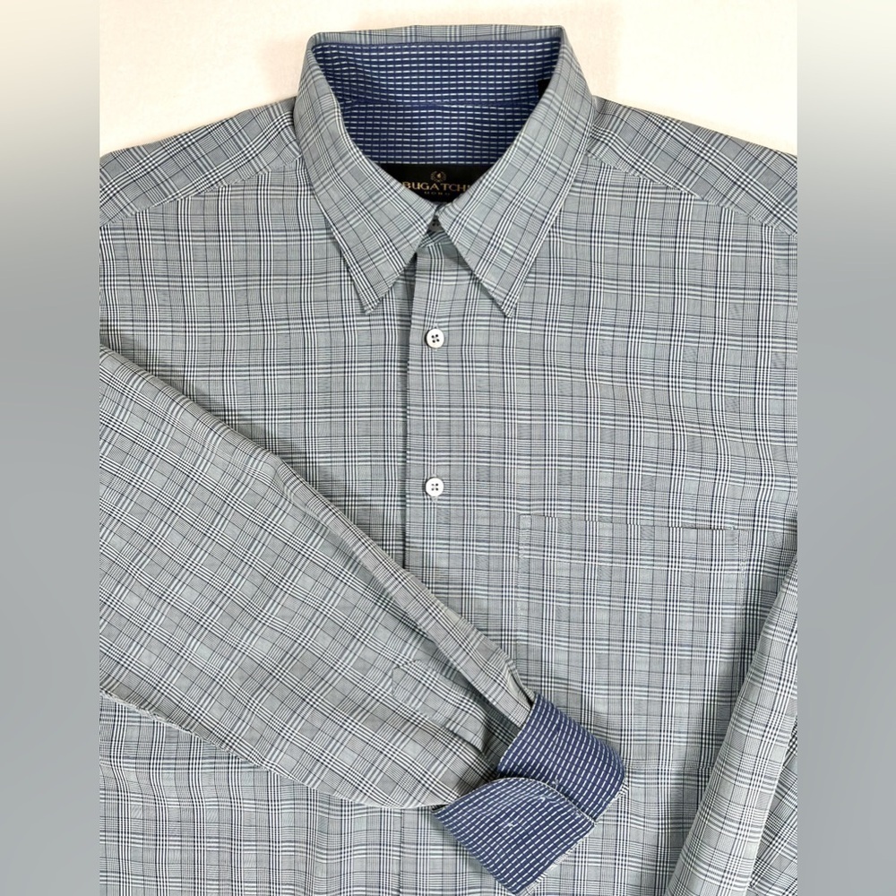 BUGATCHI Men’s Grey Long Sleeve Grey Plaid Button Down Tartan Designer Size‎ M